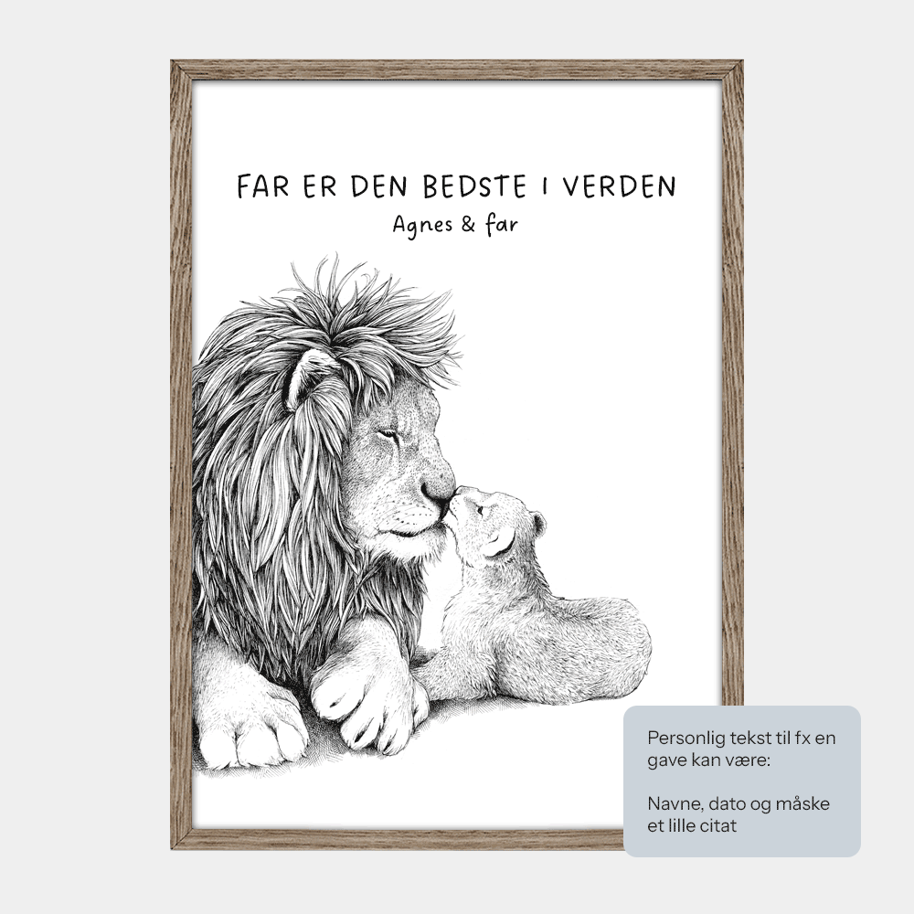 Plakat med personlig tekst og løvefar og unge. Eksempeltekst 'Far er den bedst er verden' og navne. Håndtegnet illustration af Bettina Lehmann