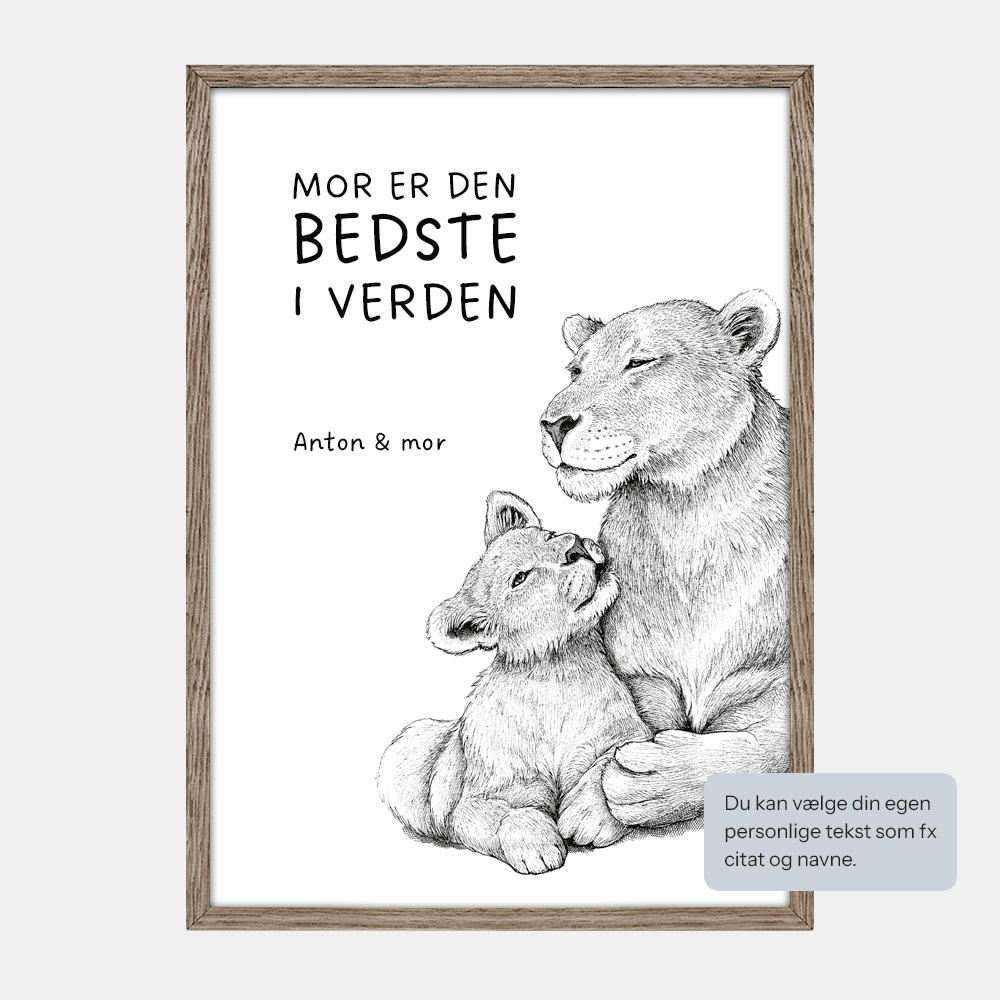 Børneplakat med dyr til både dreng og pige. Personlig tekst 'Mor er den bedste i verden' og navne. Tegnet i hånden af Bettina Lehmann.