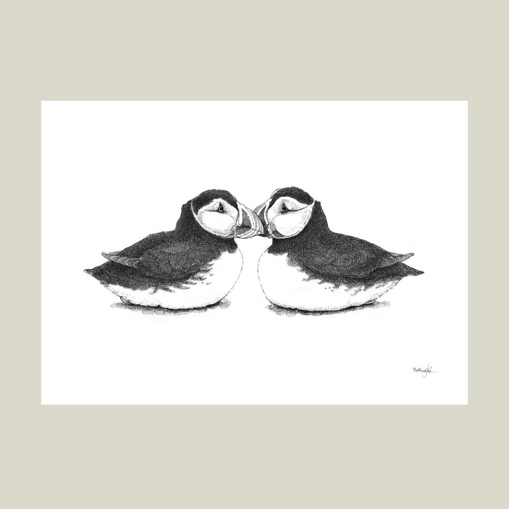 Håndtegnet sort-hvid plakat med to lunder, der kysser – symbol på kærlighed og samhørighed. 