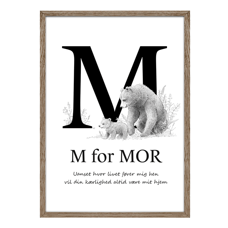 Plakat 'M for mor' med stort bogstav M, citat og håndtegnet bjørnemor med unge. Tegnet af Bettina Lehmann
