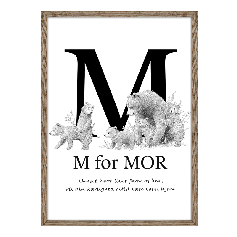 Plakat 'M for mor' med stort bogstav M, citat og håndtegnet bjørnemor med 5 unger. Tegnet af Bettina Lehmann