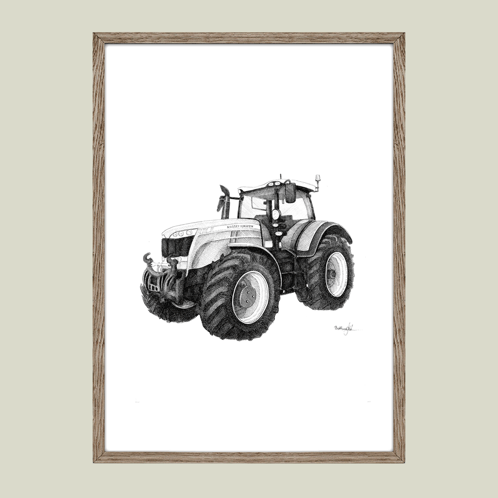 Håndtegnet sort-hvid illustration af en moderne traktor set fra siden. Et detaljeret og kraftfuldt motiv fra landbrugets maskinverden. Massey Ferguson traktor.
