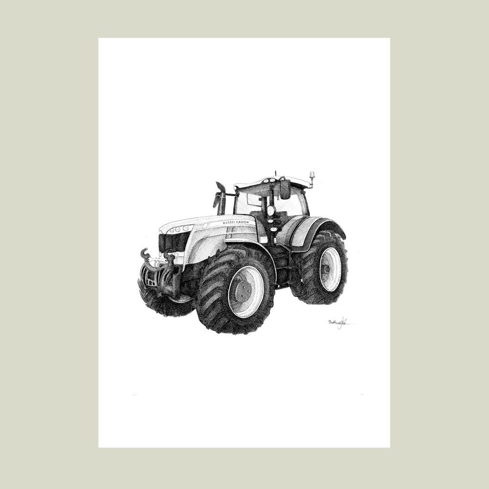 Håndtegnet sort-hvid illustration af en moderne traktor set fra siden. Et detaljeret og kraftfuldt motiv fra landbrugets maskinverden. Massey Ferguson traktor.