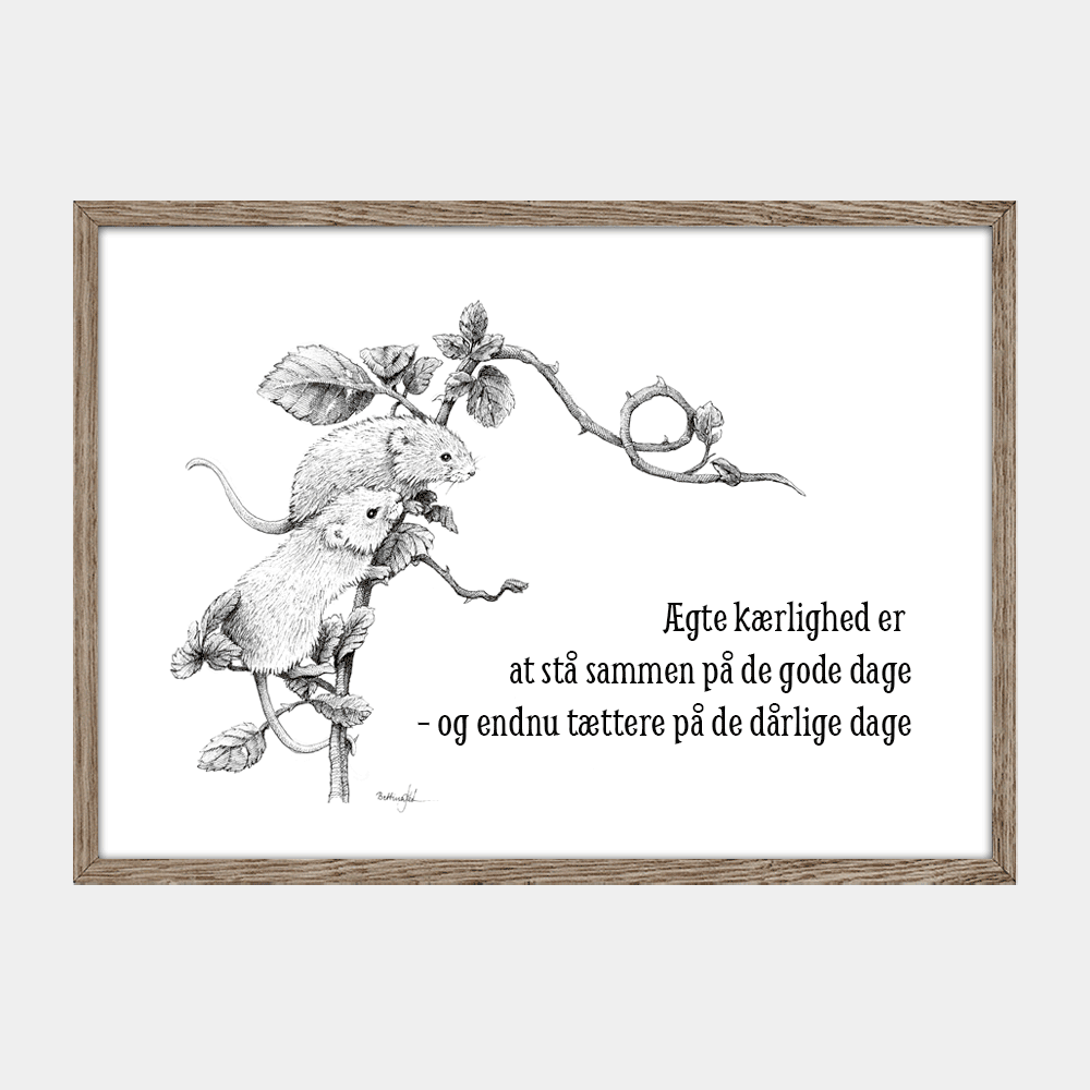Plakat med to mus, tekst 'Ægte kærlighed er stå sammen på de gode dage - og tættere endnu på de dårlige'. 