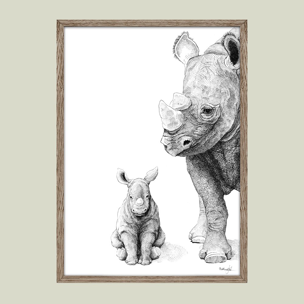 Håndtegnet sort-hvid plakat med næsehorn og unge – detaljeret tuschtegning af næsehornsmor med kalv.