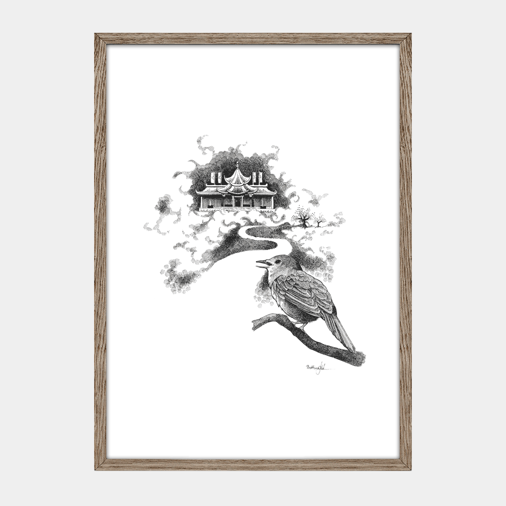 Plakat Nattergalen, håndtegnet illustration, fra H.C. Andersens eventyr, egetræsramme. Dansk kunstner