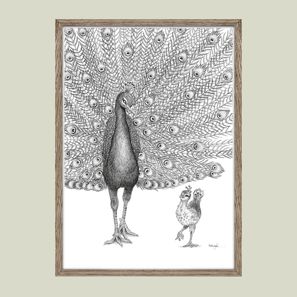 Håndtegnet sort-hvid plakat med påfugl og lille fugl – symbol på selvværd og autenticitet.