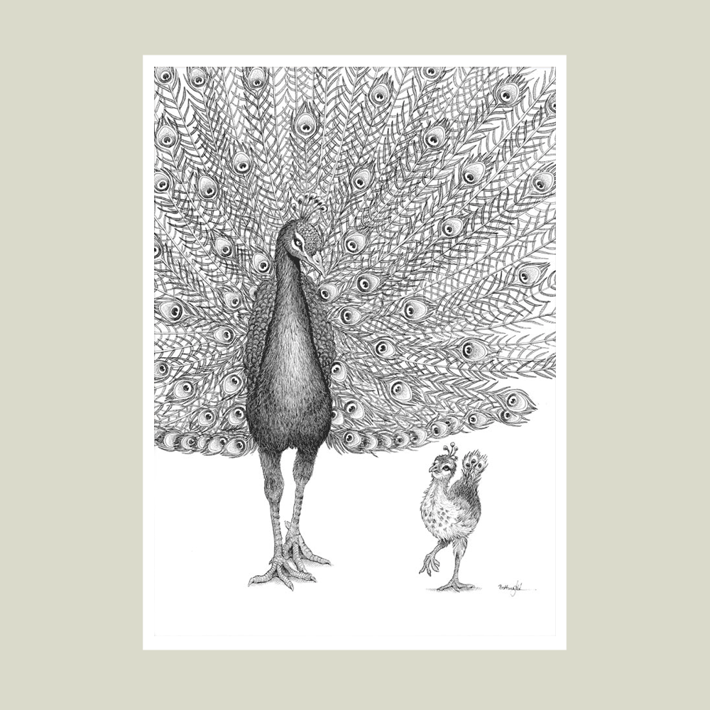 Håndtegnet sort-hvid plakat med påfugl og lille fugl – symbol på selvværd og autenticitet.