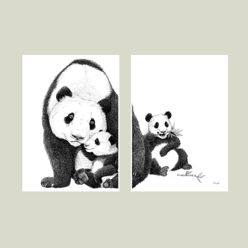 Håndtegnet familieplakat med pandaer – forældre og unger i et roligt motiv, der symboliserer kærlighed, nærvær og tryghed.
