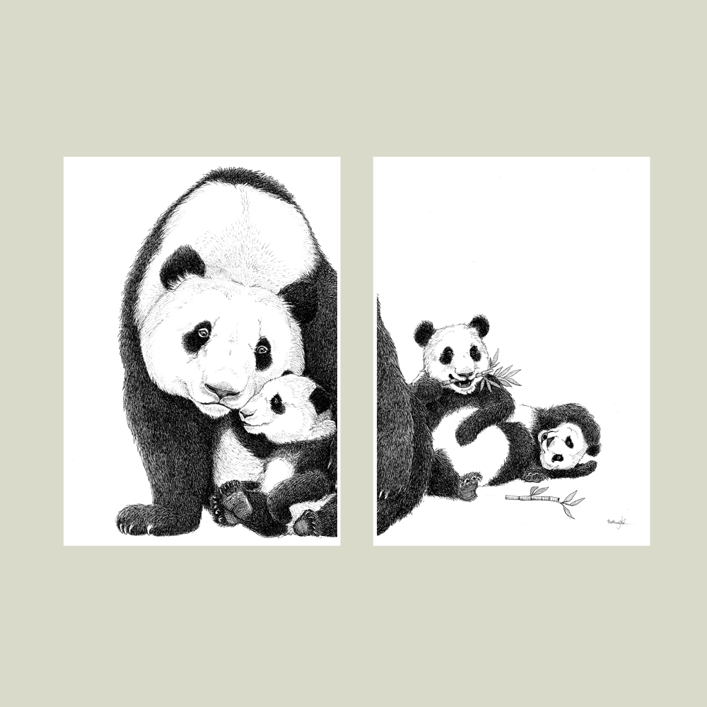 Håndtegnet familieplakat med pandaer – forældre og unger i et roligt motiv, der symboliserer kærlighed, nærvær og tryghed.
