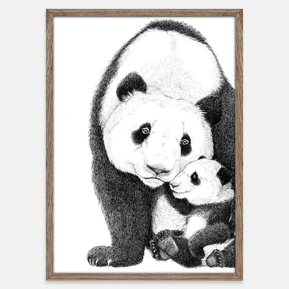 Håndtegnet familieplakat med pandaer – forældre og unge i et roligt motiv, der symboliserer kærlighed, nærvær og tryghed.