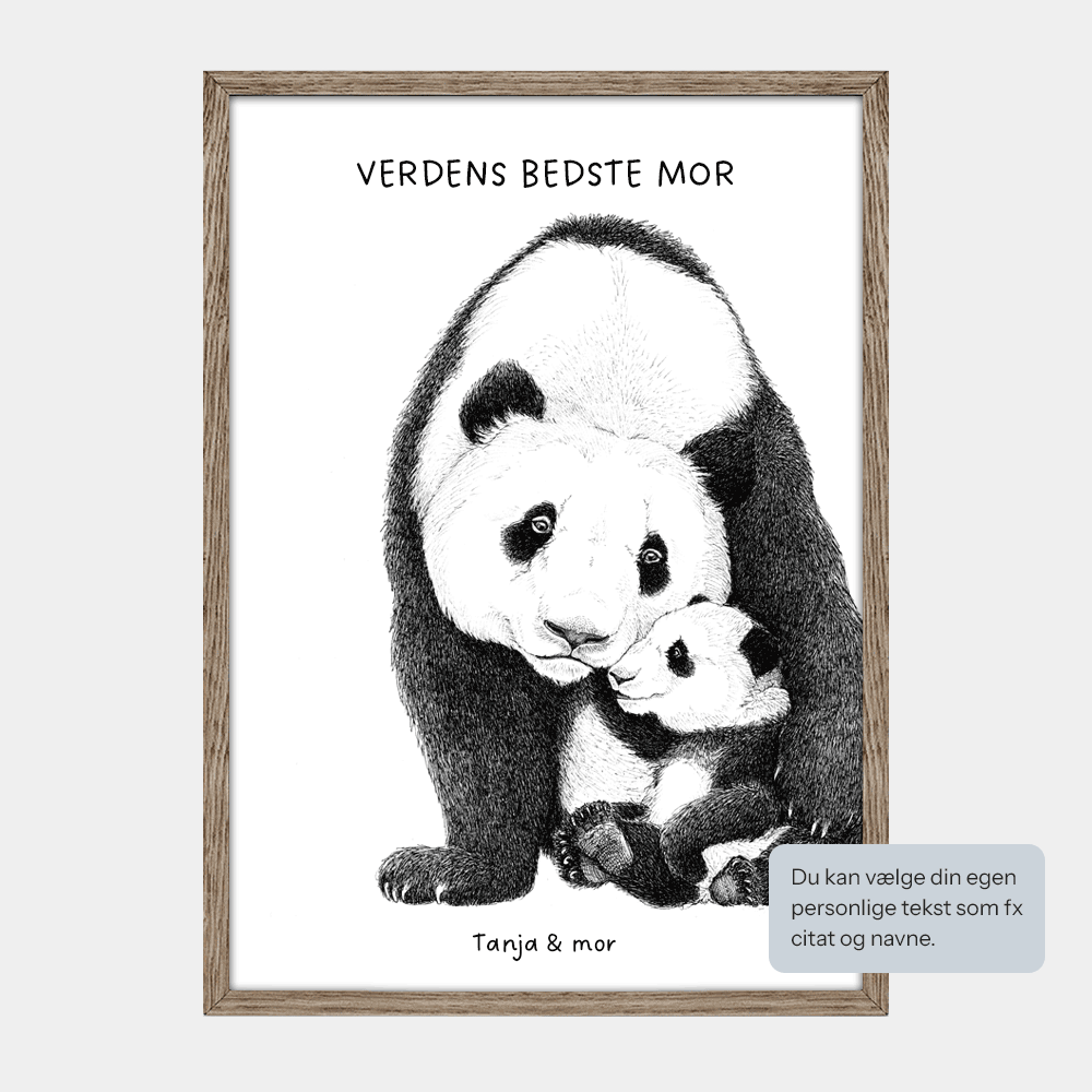 Personlig plakat med pandamor og unge, eksempeltekst 'Verdens bedste mor', egetræsramme