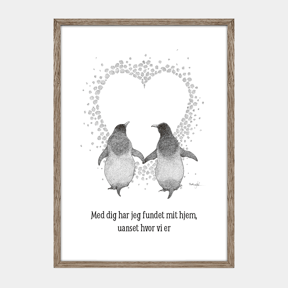 Personlig plakat med to pingviner, tekst 'Med dig har jeg fundet mit hje, uanset hvor vi er'. 