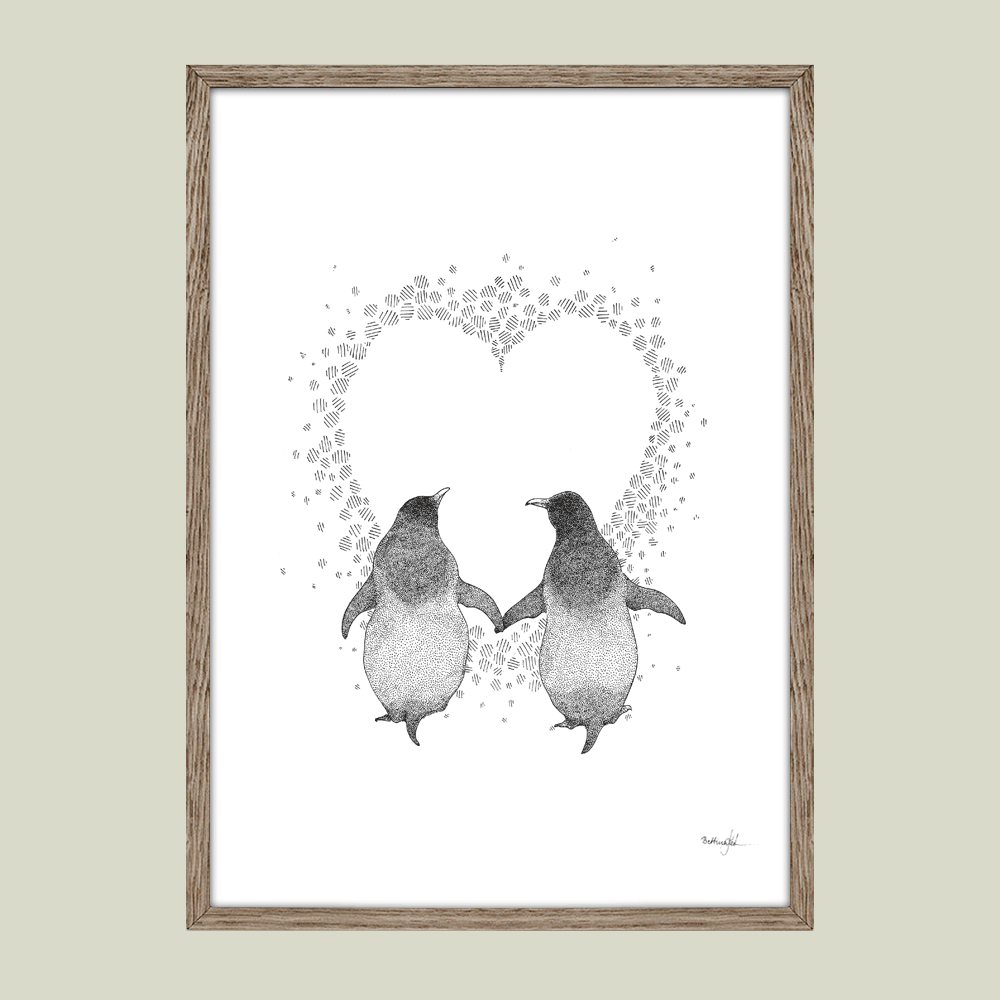 Håndtegnet sort-hvid plakat med to pingviner i hjerte – symbol på kærlighed og fællesskab.