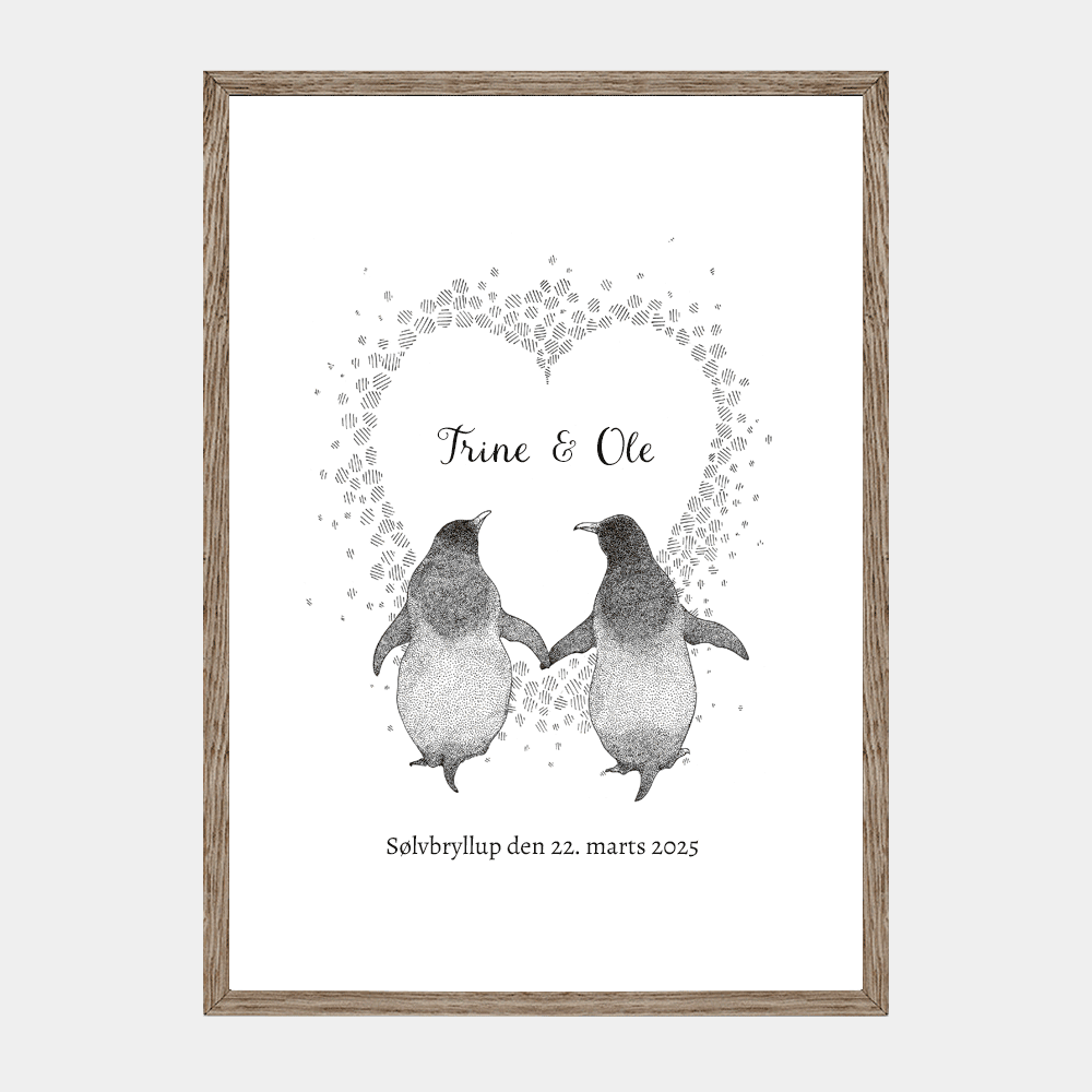 Personlig plakat med to pingviner, eksempel på tekst 'Trine & Ole, Sølvbryllup'. 