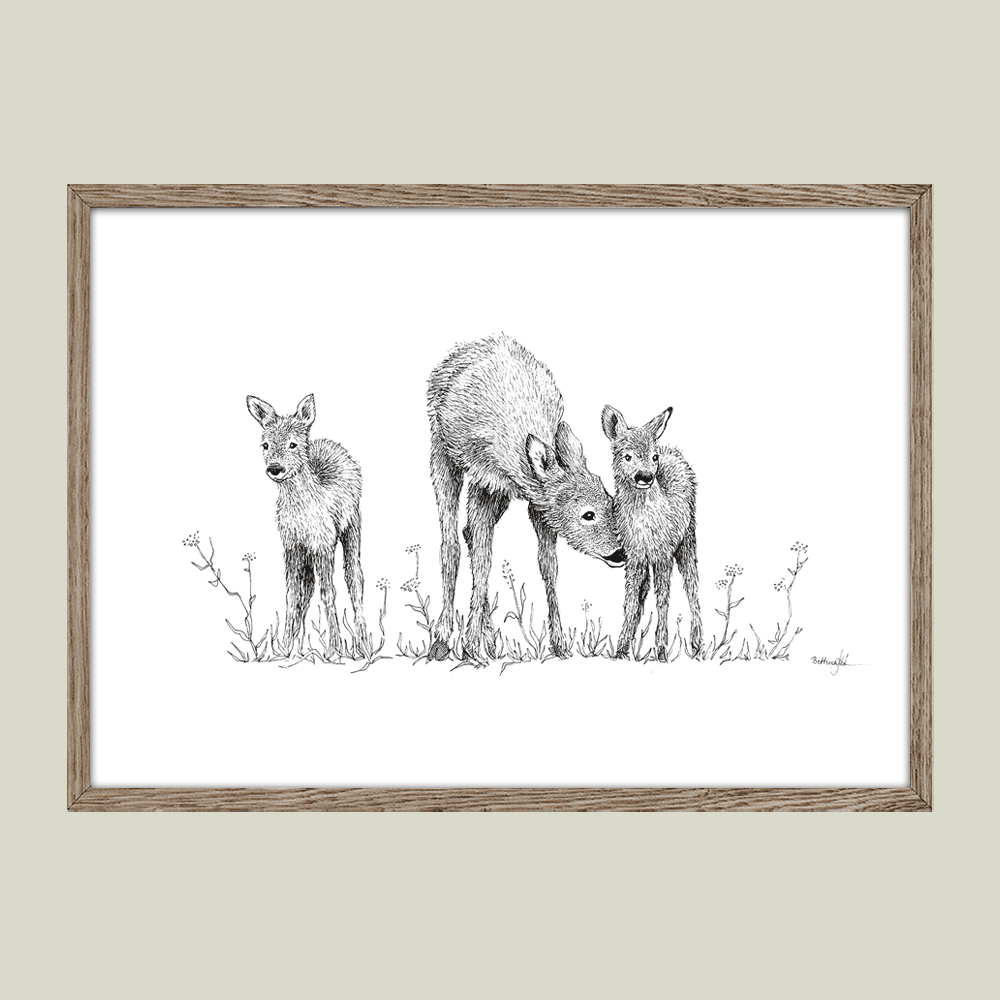 Håndtegnet plakat med rådyrmor og to kid – naturmotiv fra serien I haven og skoven