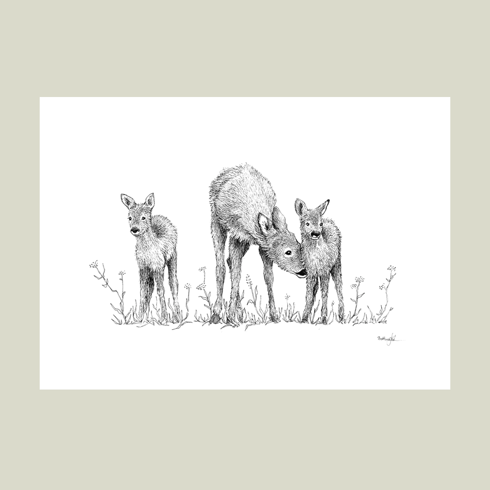 Håndtegnet plakat med rådyrmor og to kid – naturmotiv fra serien I haven og skoven