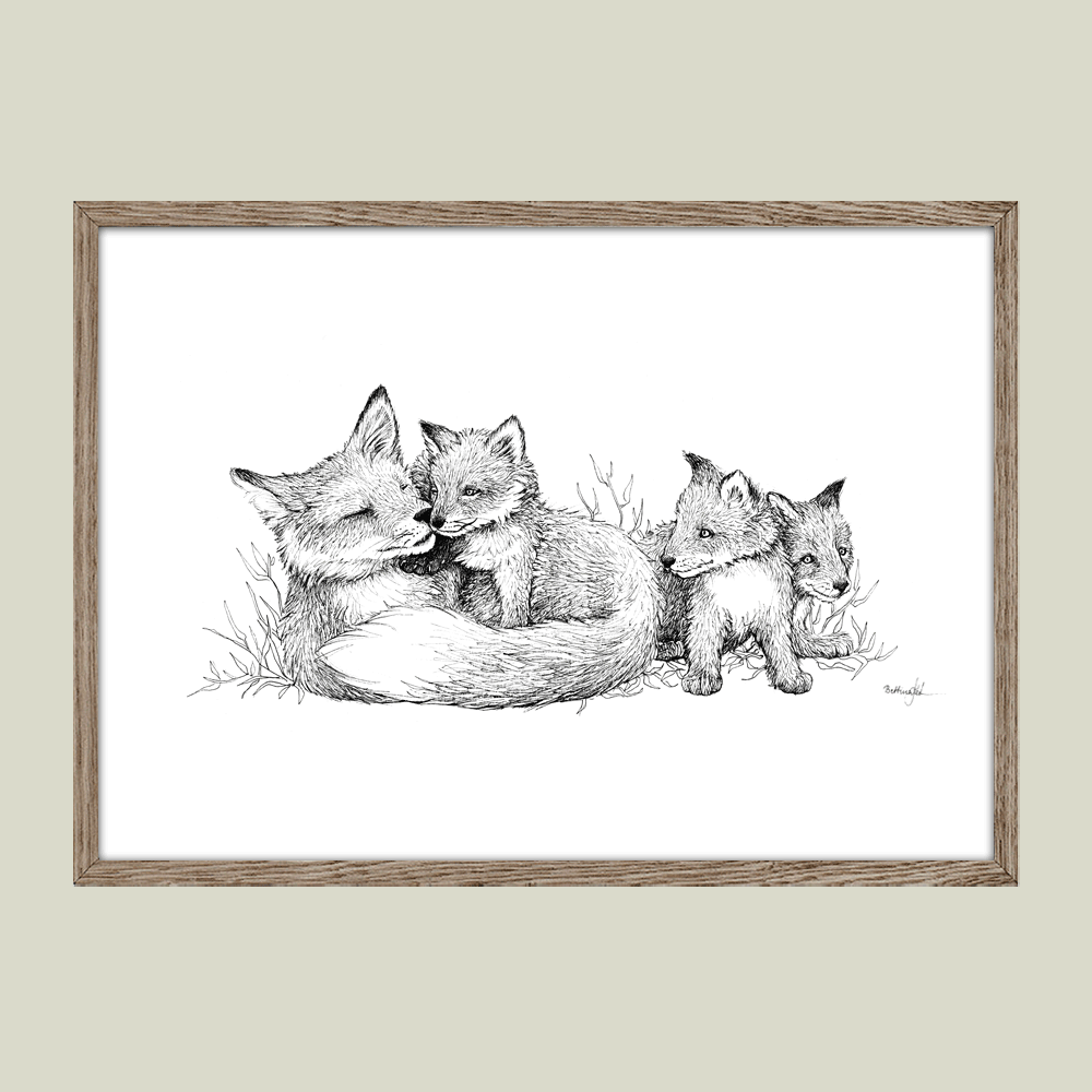 Håndtegnet plakat med rævefamilie – naturmotiv fra serien I haven og skoven