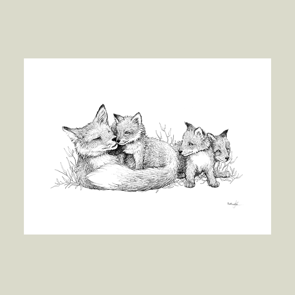 Håndtegnet plakat med rævefamilie – naturmotiv fra serien I haven og skoven