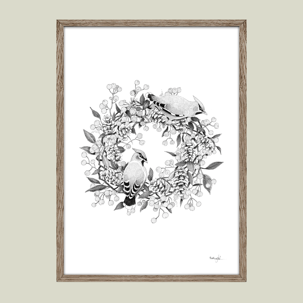Håndtegnet plakat med to silkehaler i krans af bær og blade – naturmotiv fra serien I haven og skoven. Limited edition.