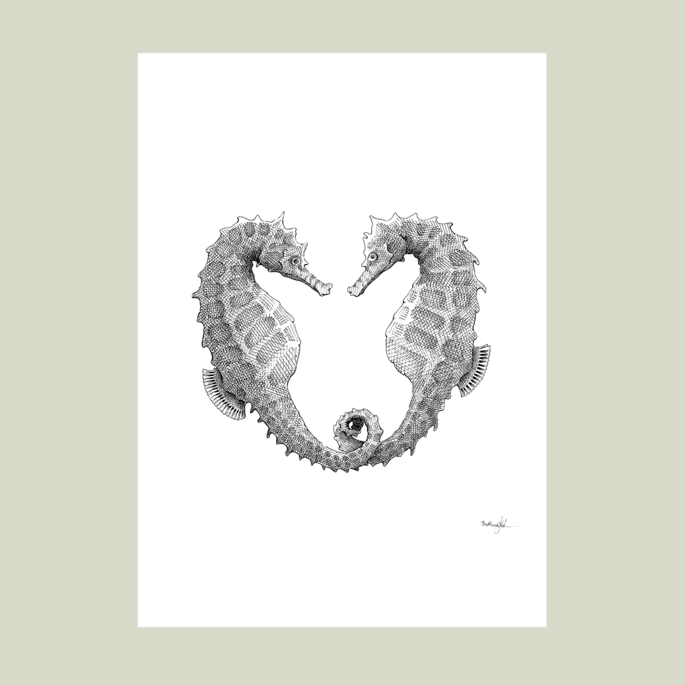 Håndtegnet sort-hvid plakat med to søheste i hjerte – symbol på kærlighed og loyalitet.