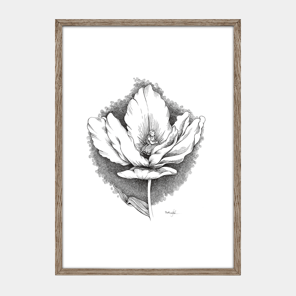 Plakat Tommelise, håndtegnet illustration, fra H.C. Andersens eventyr, egetræsramme. Dansk kunstner