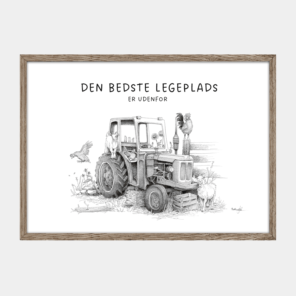 Håndtegnet børneplakat med traktor og dyr. Tekst ' Den bedste legeplads er udenfor'. Tegnet af Bettina Lehmannden