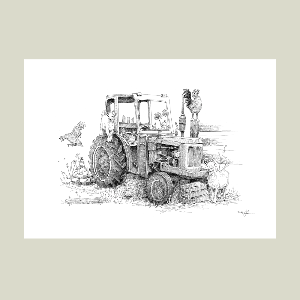 Håndtegnet sort-hvid illustration af en gammel traktor omgivet af bondegårdsdyr som hane, høne  og ged. Et nostalgisk motiv med landlig stemning.