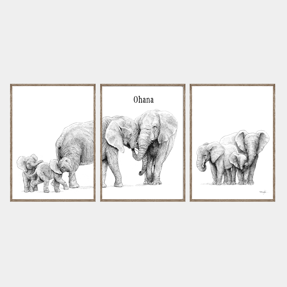 Plakatsæt med to elefanter og fem unger, citat 'Ohana',  egetræsrammer