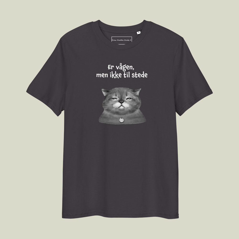 T-shirt med citat og kat – Er vågen, men ikke til stede