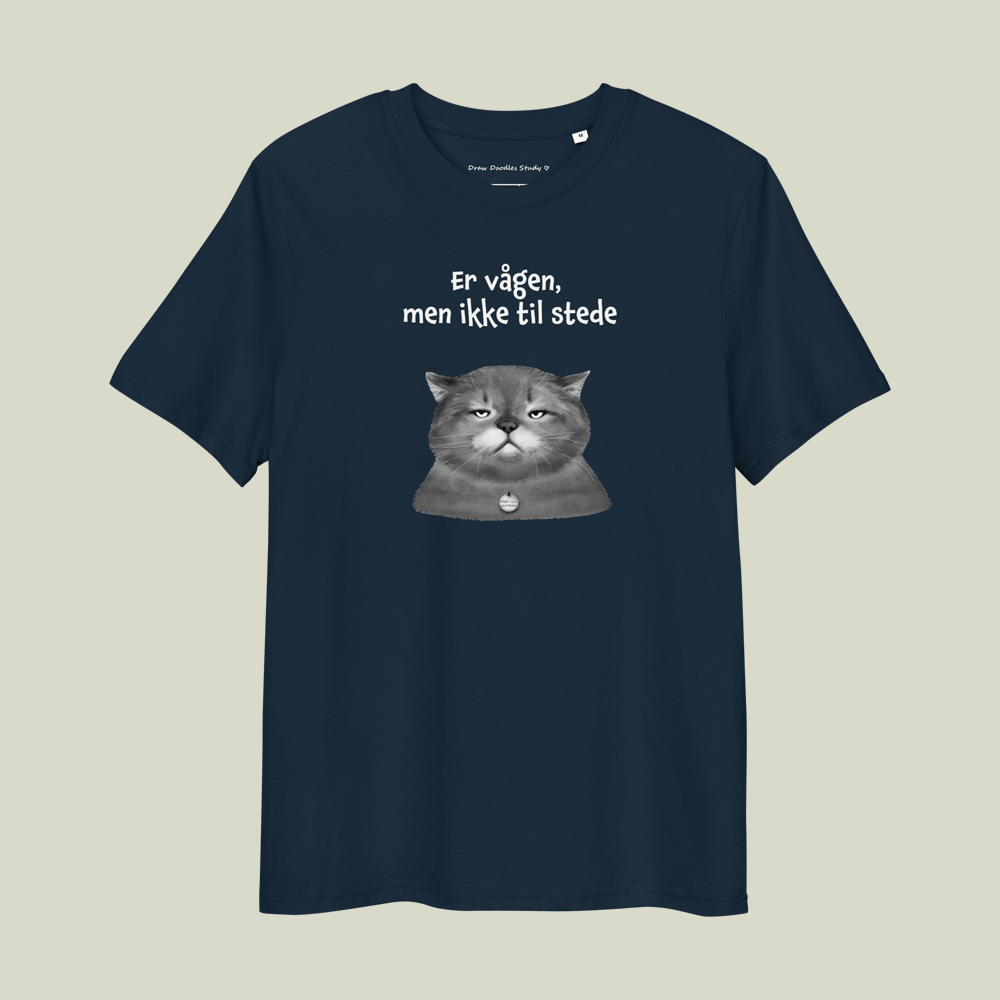 T-shirt med citat og kat – Er vågen, men ikke til stede