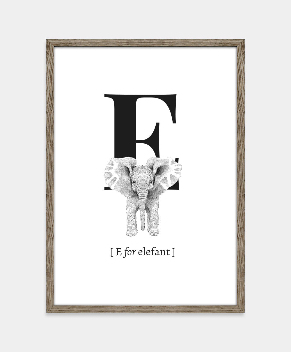 Bogstavplakat- E for elefant