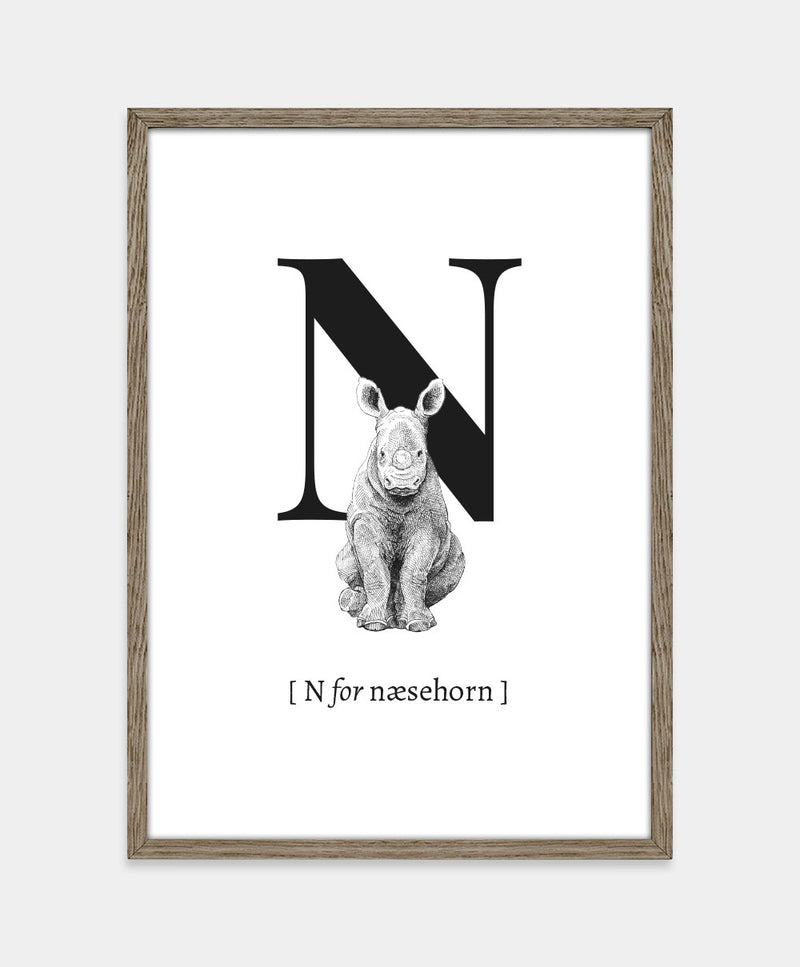 Bogstavplakat - N for næsehorn