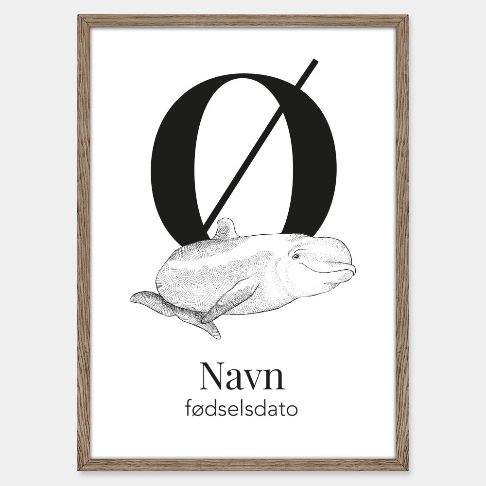 Navneplakat med bogstav Ø og øresvin – illustration med bogstav og dyr til børneværelset