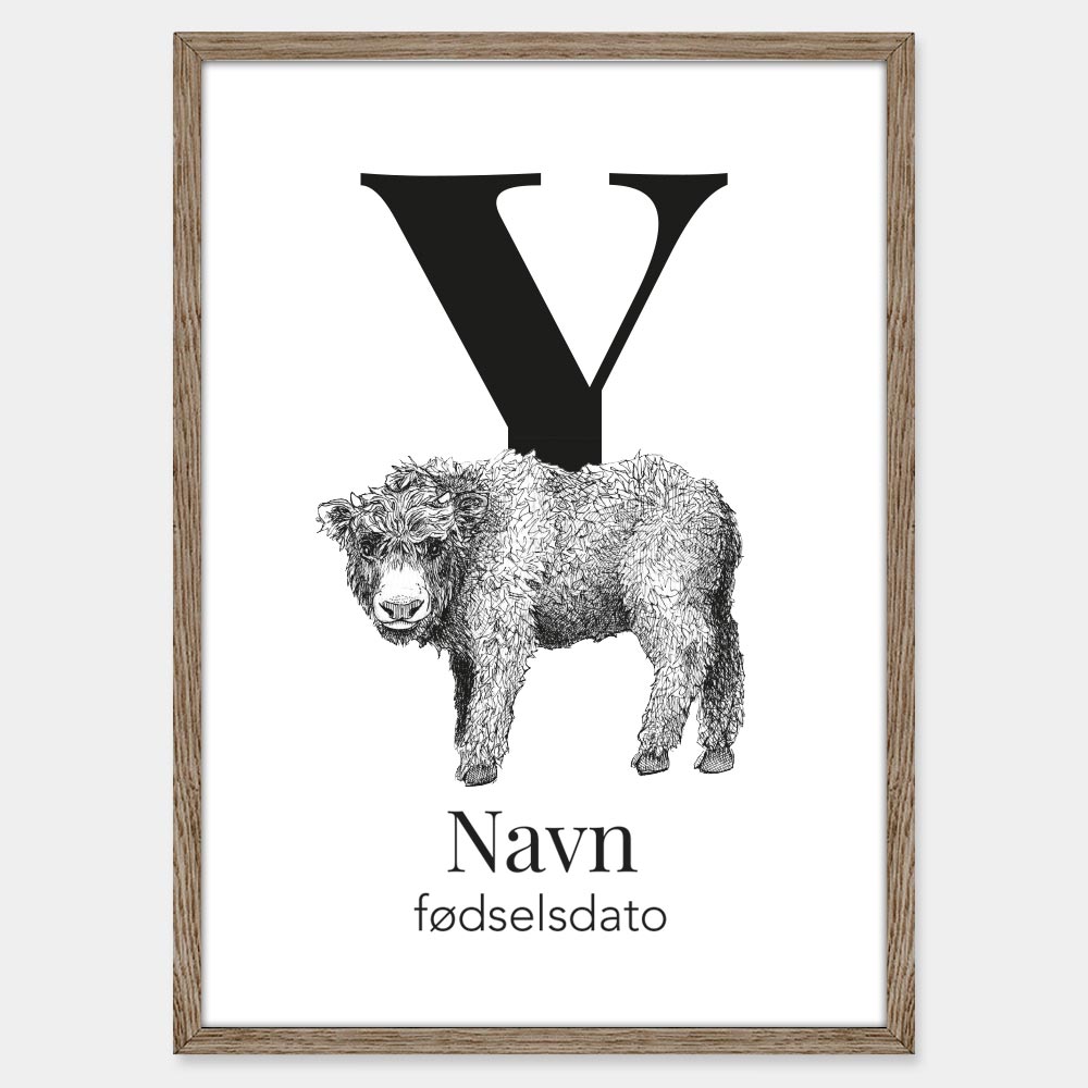 Navneplakat med bogstav Y og yak – illustration med bogstav og dyr til børneværelset