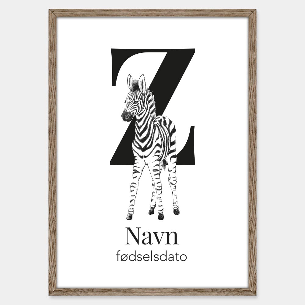 Z – Navneplakat med bogstav Z og zebra – illustration med bogstav og dyr til børneværelset